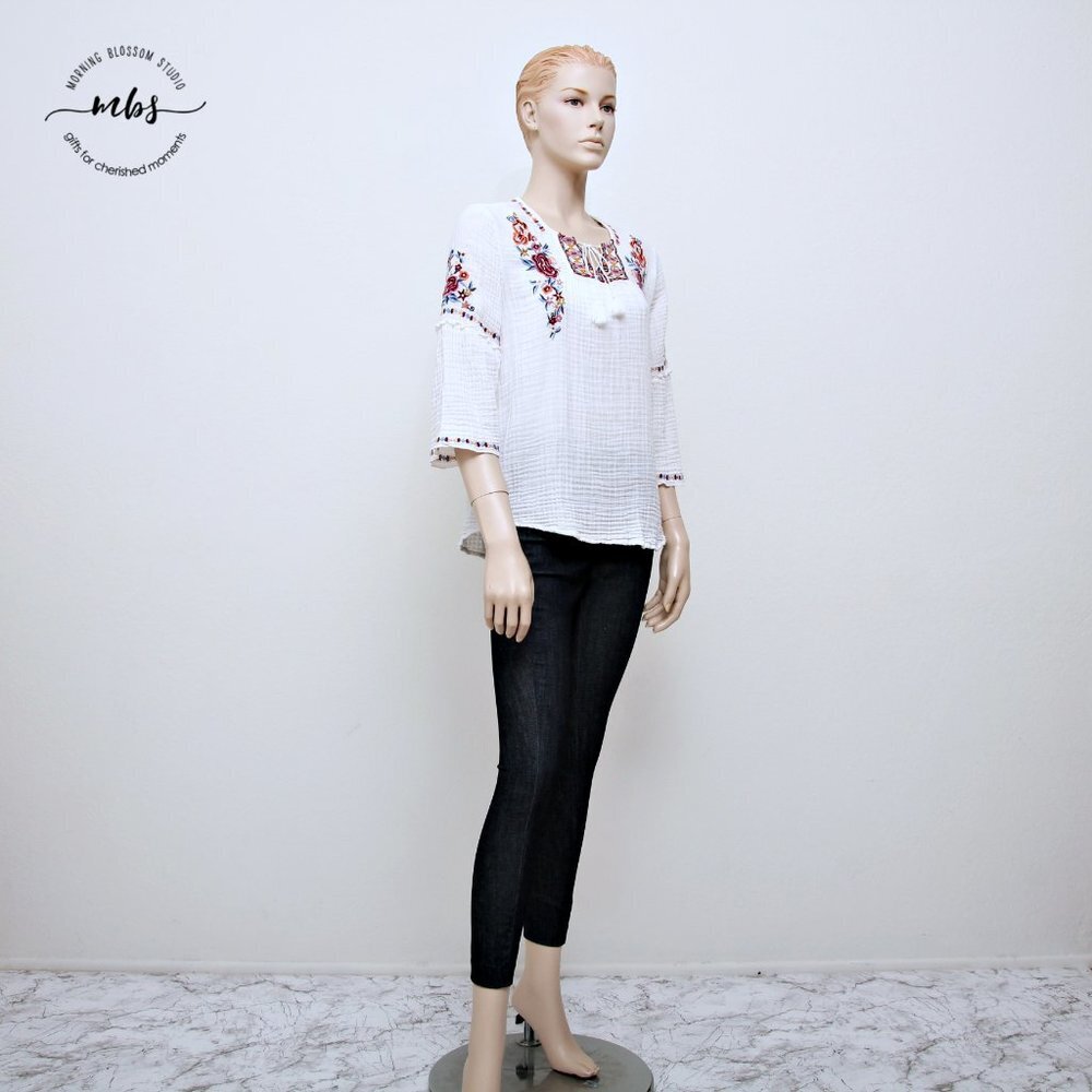 Beachlunchlounge Embroidered Floral Boho Tassel Neck Tie Cotton Blouse